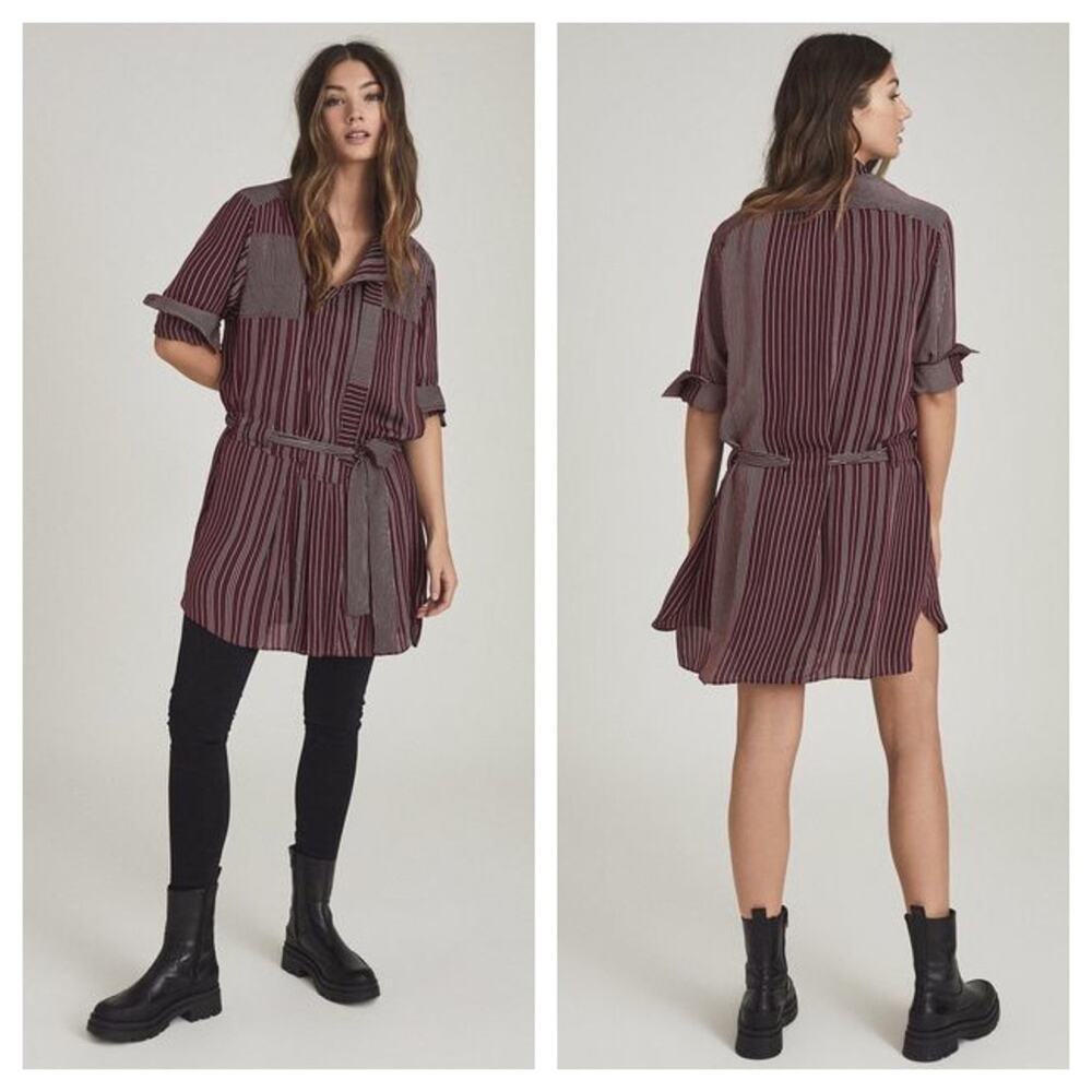 NWT Reiss Albi Burgundy Striped Shirt Dress Size 0 Tie Waist Button Workwear